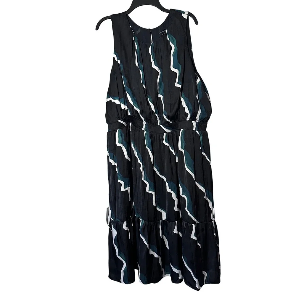 Lane Bryant Women 20 Black Abstract‎ Wave Print Sleeveless Midi Dress Ruffle Hem